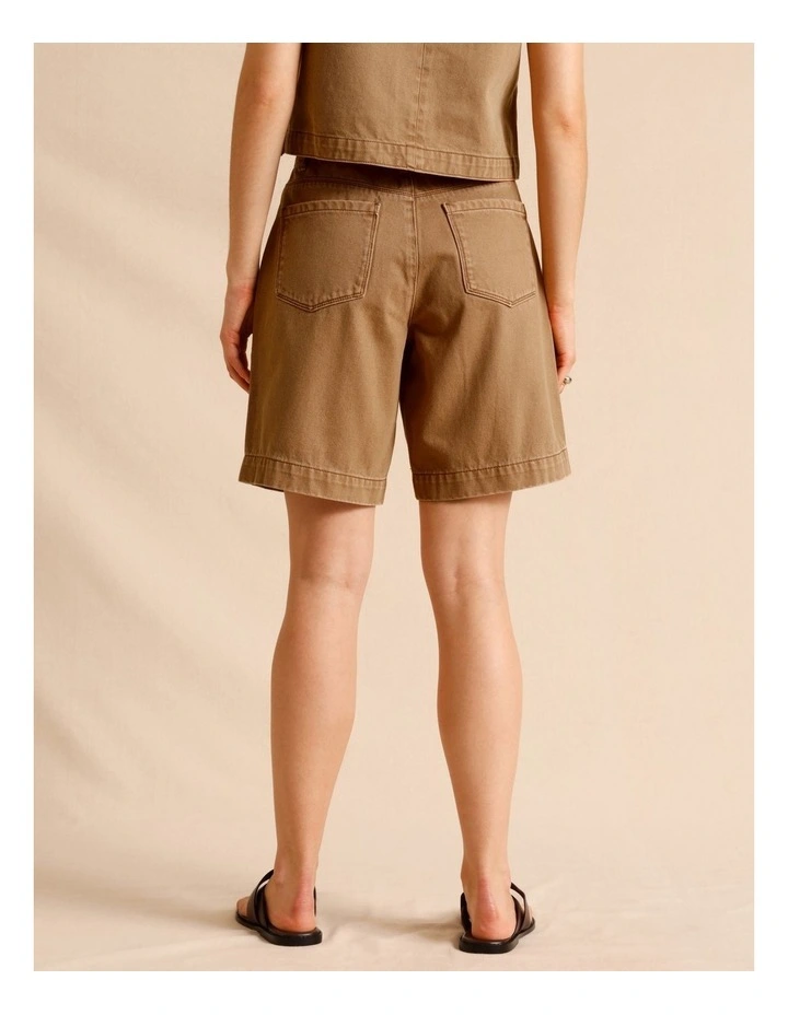 Recycled Cotton Blend Twill Longline Shorts in Sand image 5