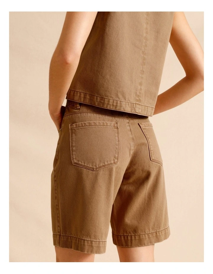 Recycled Cotton Blend Twill Longline Shorts in Sand image 6