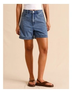 Recycled Cotton Blend Denim Shorts With Plait Detail in Mid Blues