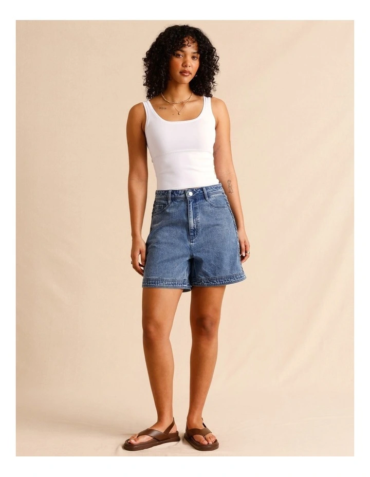 Recycled Cotton Blend Denim Shorts With Plait Detail in Mid Blues image 2