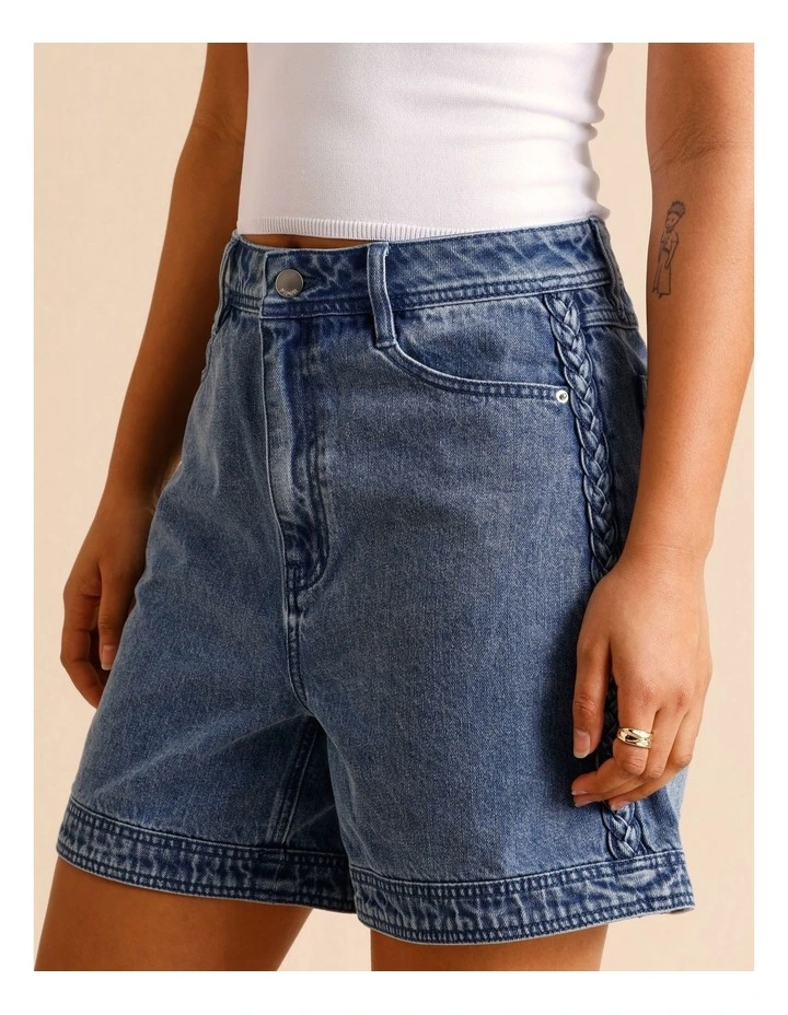 Recycled Cotton Blend Denim Shorts With Plait Detail in Mid Blues image 3