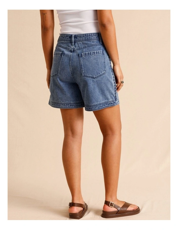 Recycled Cotton Blend Denim Shorts With Plait Detail in Mid Blues image 4