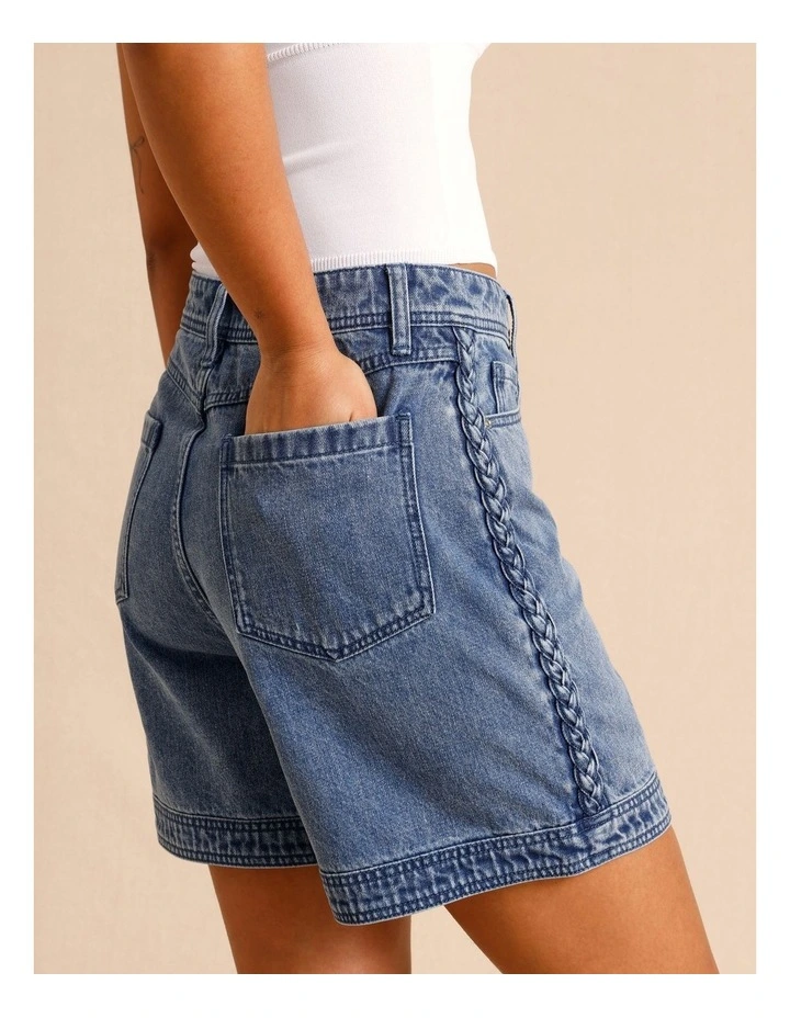 Recycled Cotton Blend Denim Shorts With Plait Detail in Mid Blues image 5