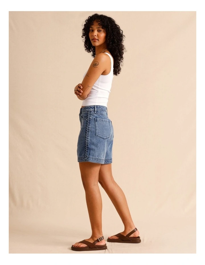Recycled Cotton Blend Denim Shorts With Plait Detail in Mid Blues image 6