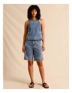 Recycled Cotton Blend Corded Denim Longline Shorts in Blue