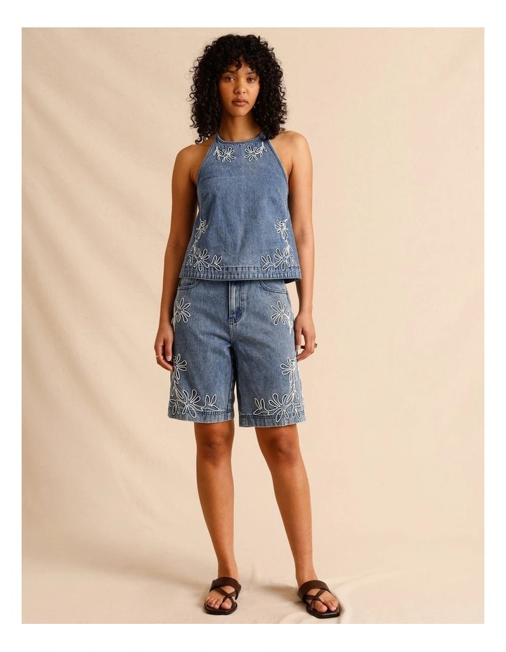 Recycled Cotton Blend Corded Denim Longline Shorts in Blue image 1
