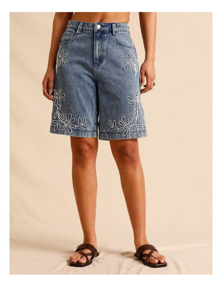 Recycled Cotton Blend Corded Denim Longline Shorts in Blue image 2