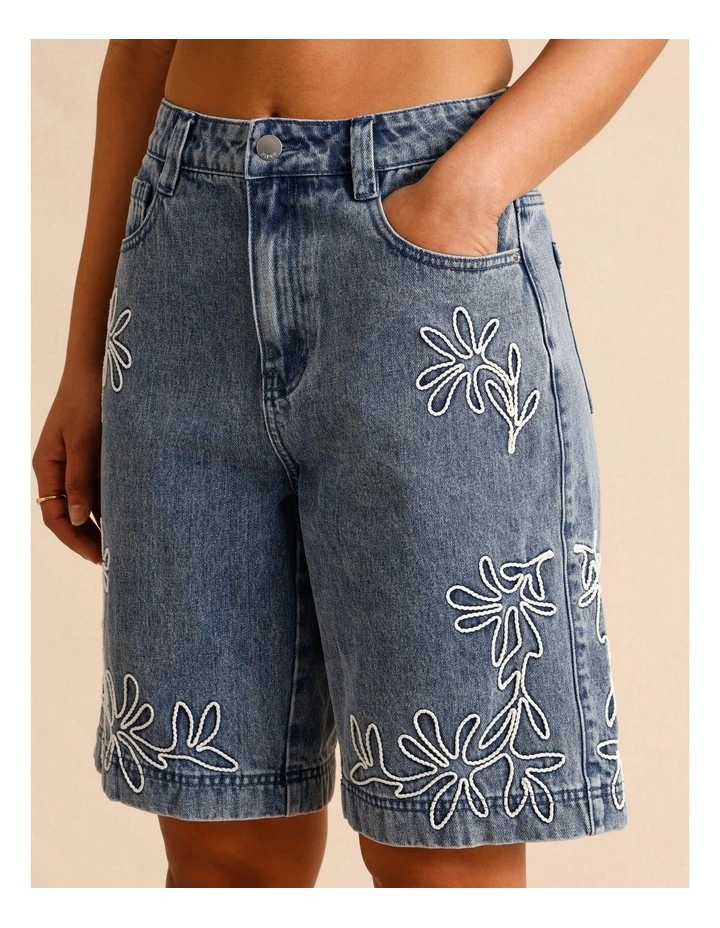 Recycled Cotton Blend Corded Denim Longline Shorts in Blue image 3