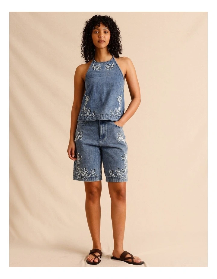 Recycled Cotton Blend Corded Denim Longline Shorts in Blue image 6