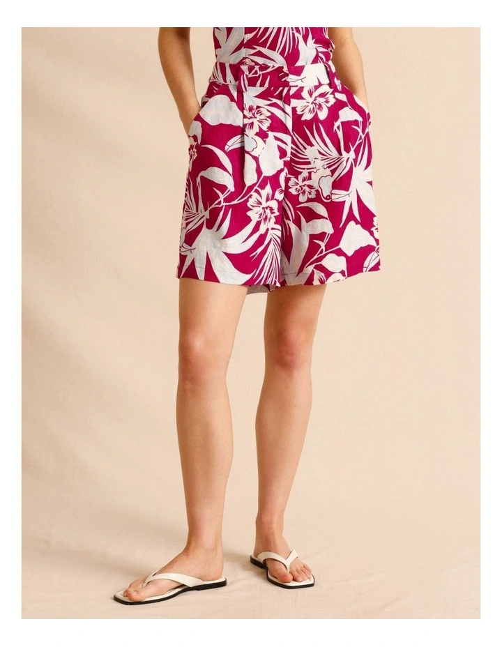 European Linen Elastic Back Bermuda Shorts in Burgundy image 2