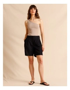 European Linen Elastic Back Bermuda Shorts in Black