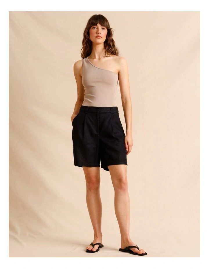 European Linen Elastic Back Bermuda Shorts in Black image 1