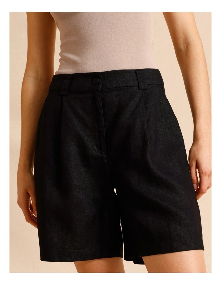 European Linen Elastic Back Bermuda Shorts in Black image 2