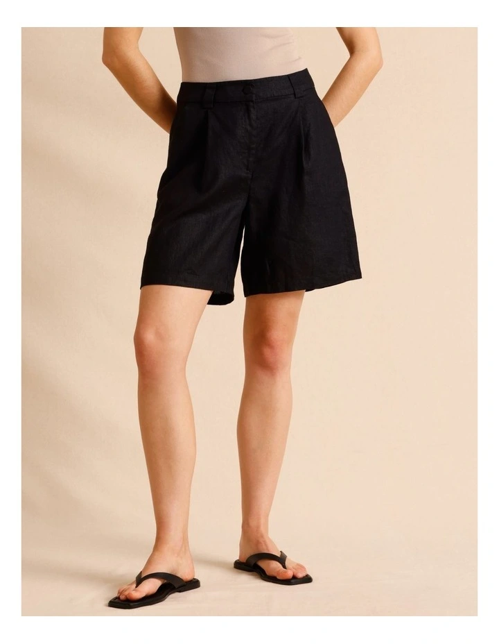 European Linen Elastic Back Bermuda Shorts in Black image 3