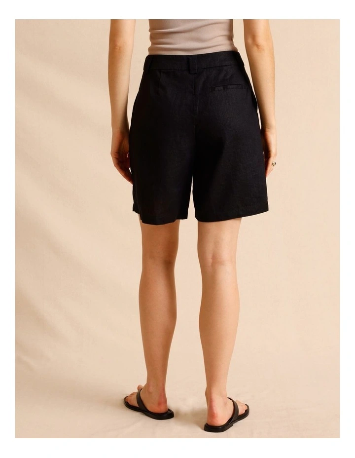 European Linen Elastic Back Bermuda Shorts in Black image 4