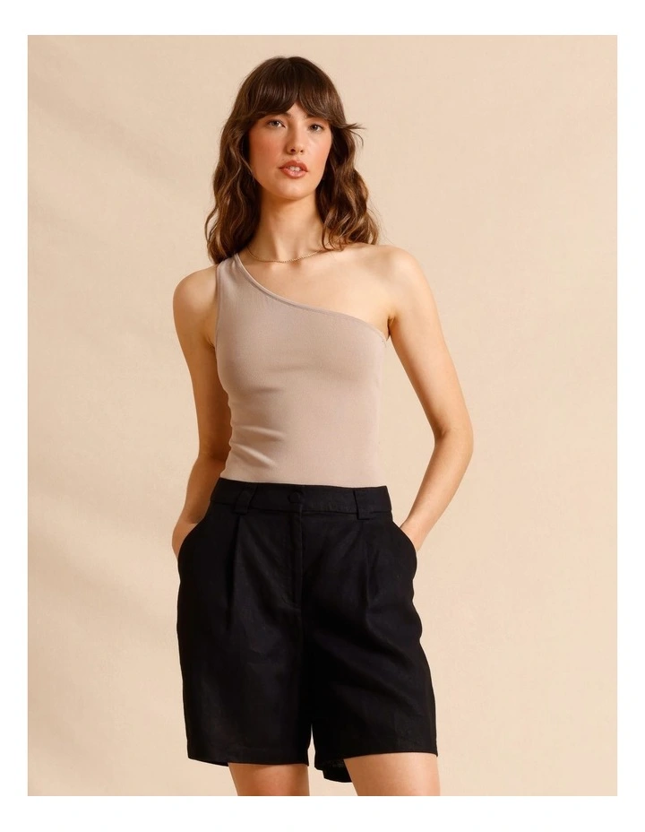 European Linen Elastic Back Bermuda Shorts in Black image 6