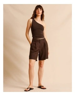 European Linen Elastic Back Bermuda Shorts in Chocolate