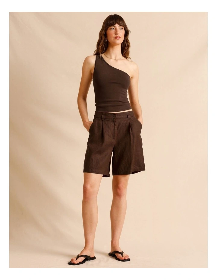 European Linen Elastic Back Bermuda Shorts in Chocolate image 6