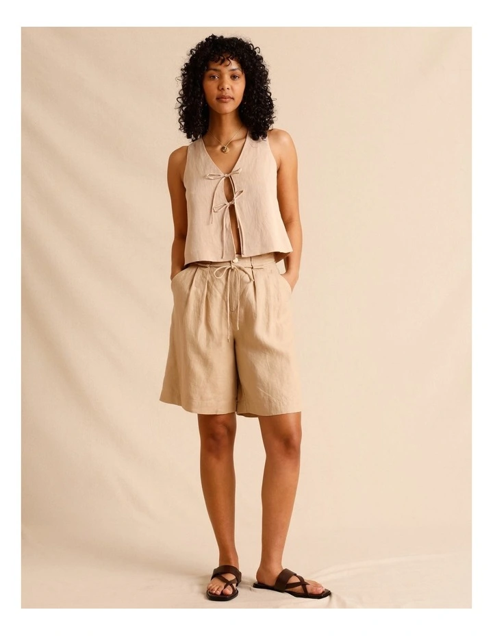 European Linen Tailored Longline Linen Shorts in Sand image 1