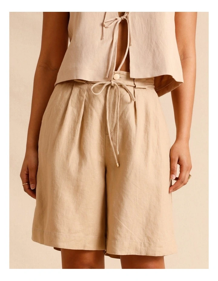 European Linen Tailored Longline Linen Shorts in Sand image 2