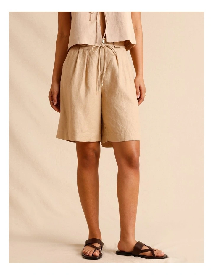 European Linen Tailored Longline Linen Shorts in Sand image 3