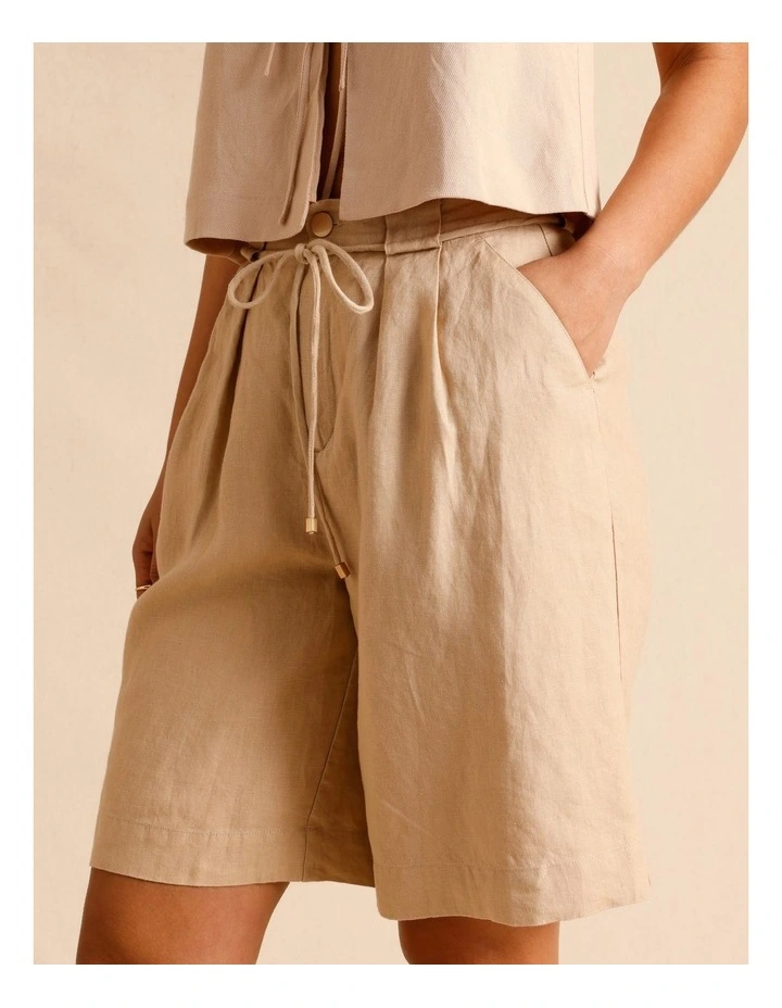European Linen Tailored Longline Linen Shorts in Sand image 5