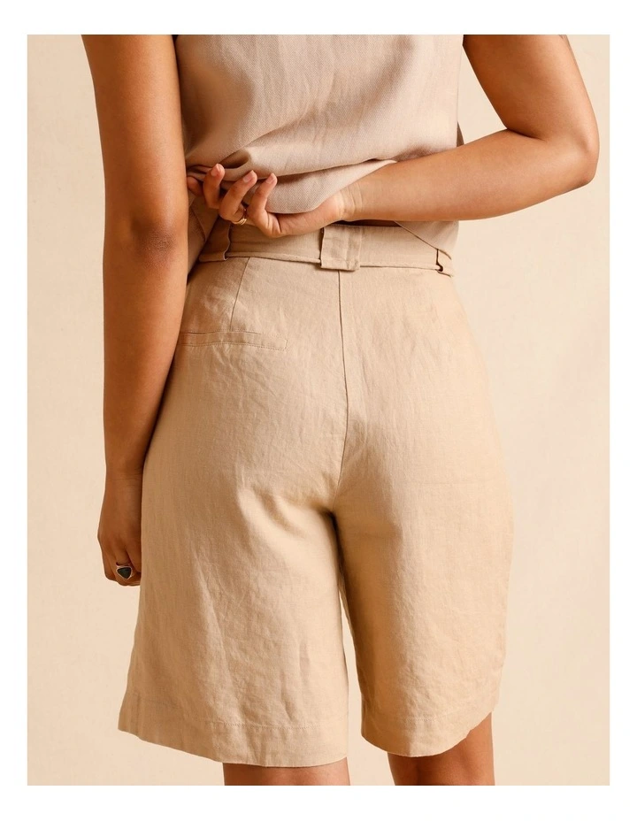 European Linen Tailored Longline Linen Shorts in Sand image 6
