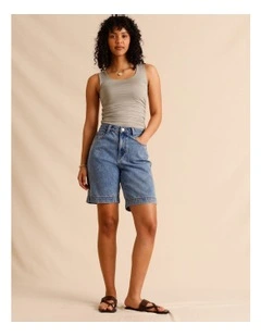 Recycled Cotton Blend Longline Denim Short in Mid Blues