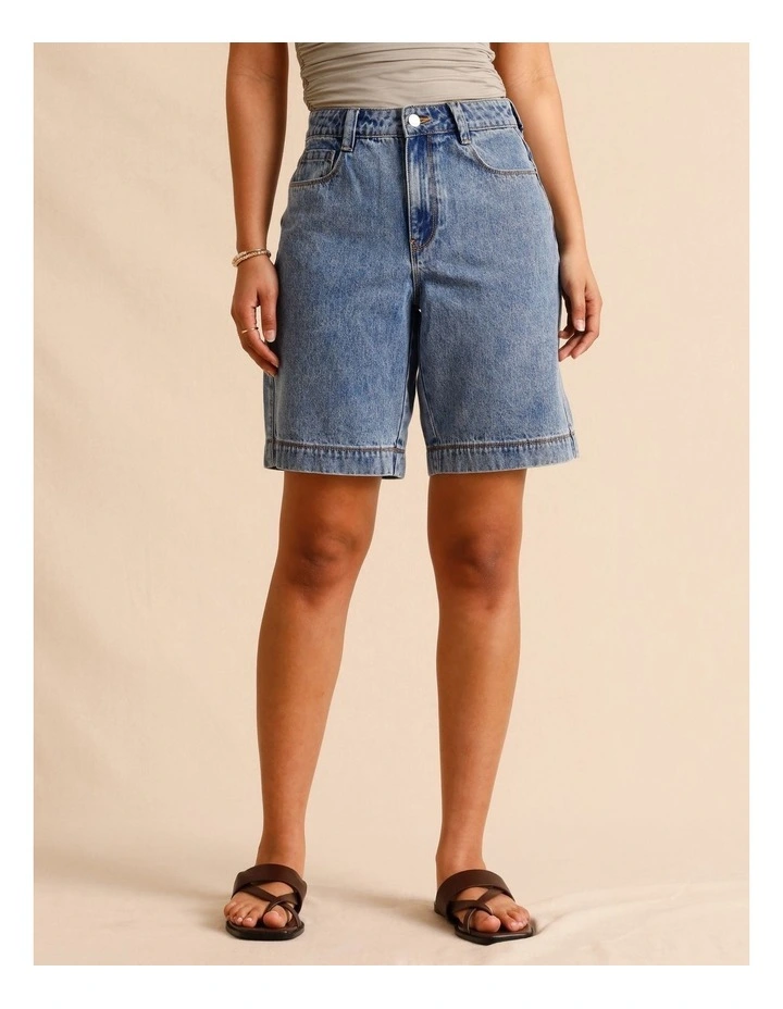 Recycled Cotton Blend Longline Denim Short in Mid Blues image 2