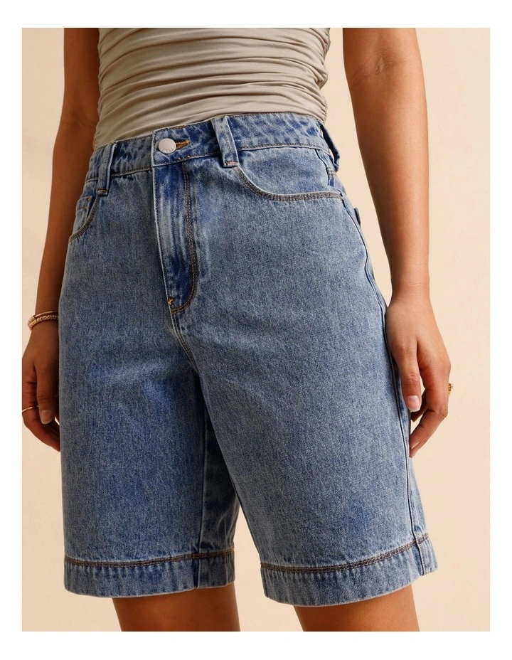 Recycled Cotton Blend Longline Denim Short in Mid Blues image 3