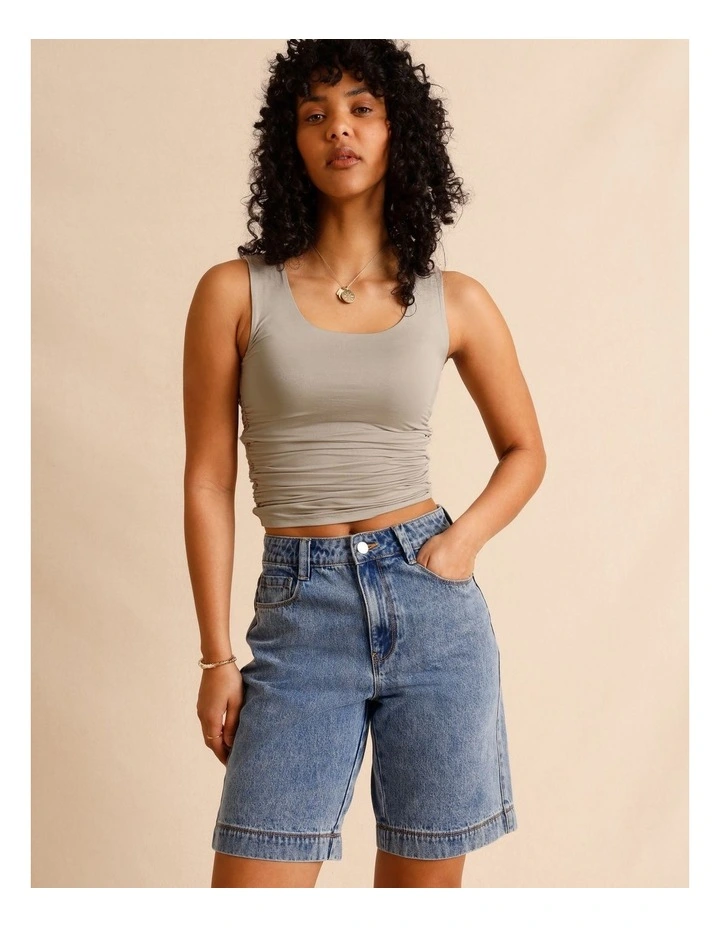 Recycled Cotton Blend Longline Denim Short in Mid Blues image 4