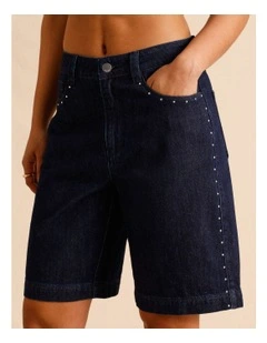Recycled Cotton Blend Studded Long Denim Short in Indigo