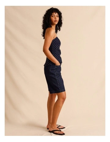 Recycled Cotton Blend Studded Long Denim Short in Indigo