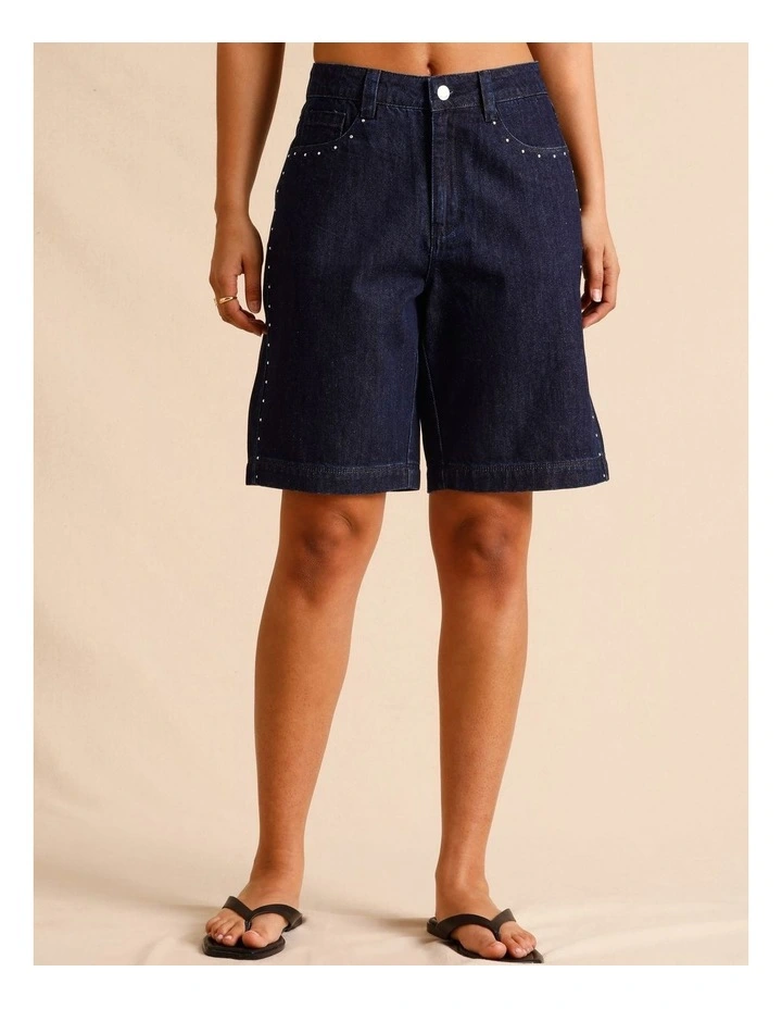 Recycled Cotton Blend Studded Long Denim Short in Indigo image 3