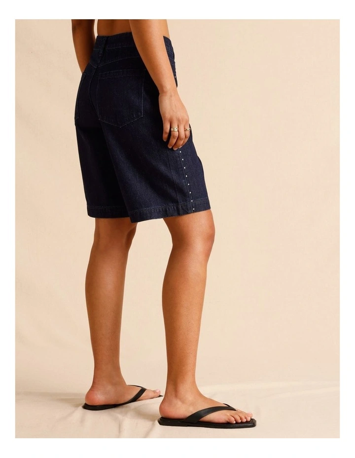Recycled Cotton Blend Studded Long Denim Short in Indigo image 4