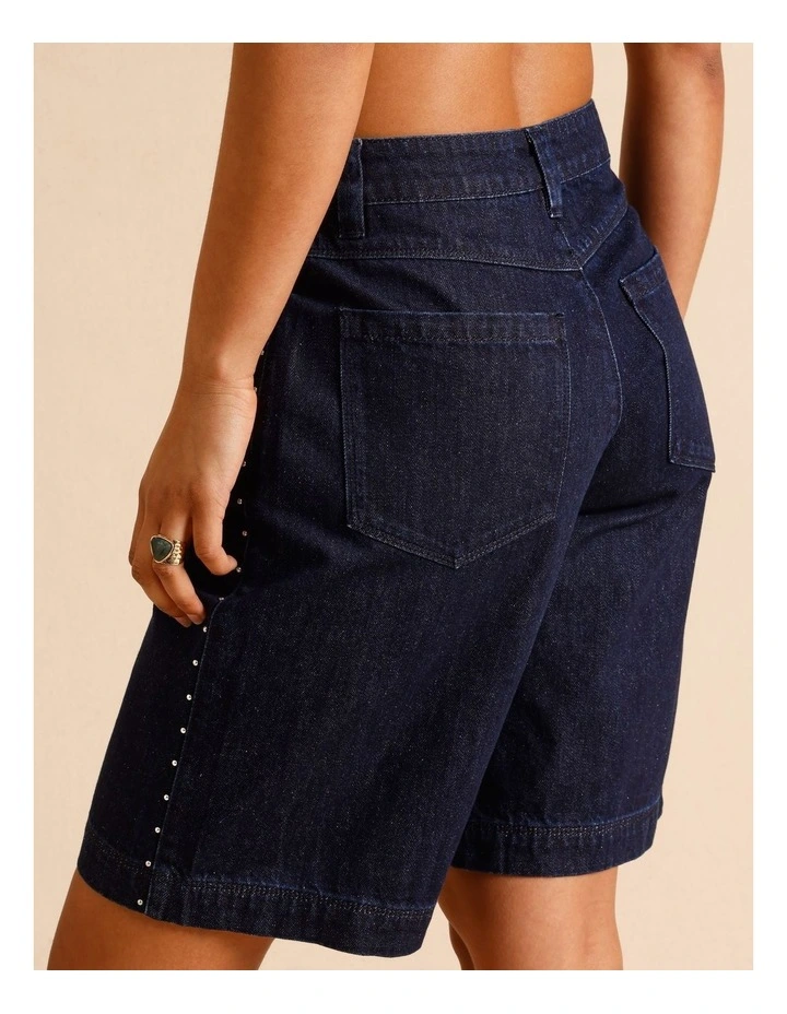 Recycled Cotton Blend Studded Long Denim Short in Indigo image 5