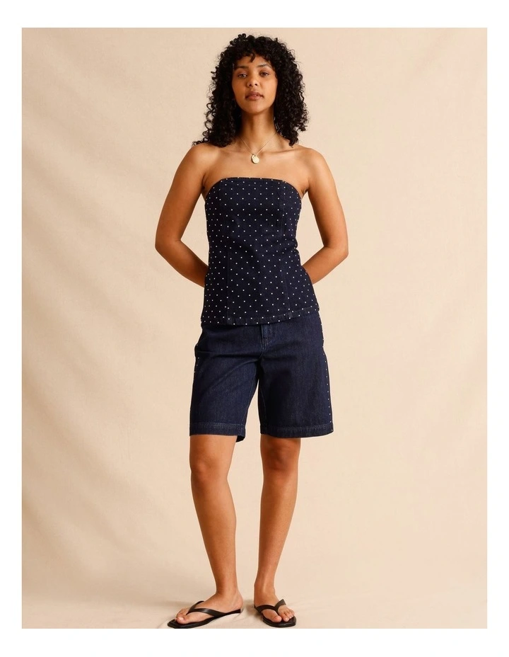Recycled Cotton Blend Studded Long Denim Short in Indigo image 6