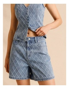 Textured Denim Shorts in Light Blue