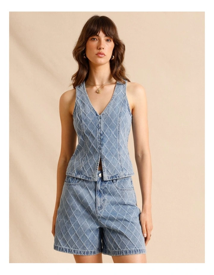 Textured Denim Shorts in Light Blue image 3