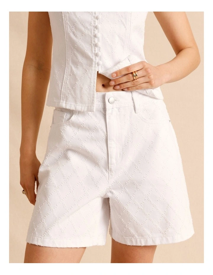 Textured Denim Shorts in White image 2