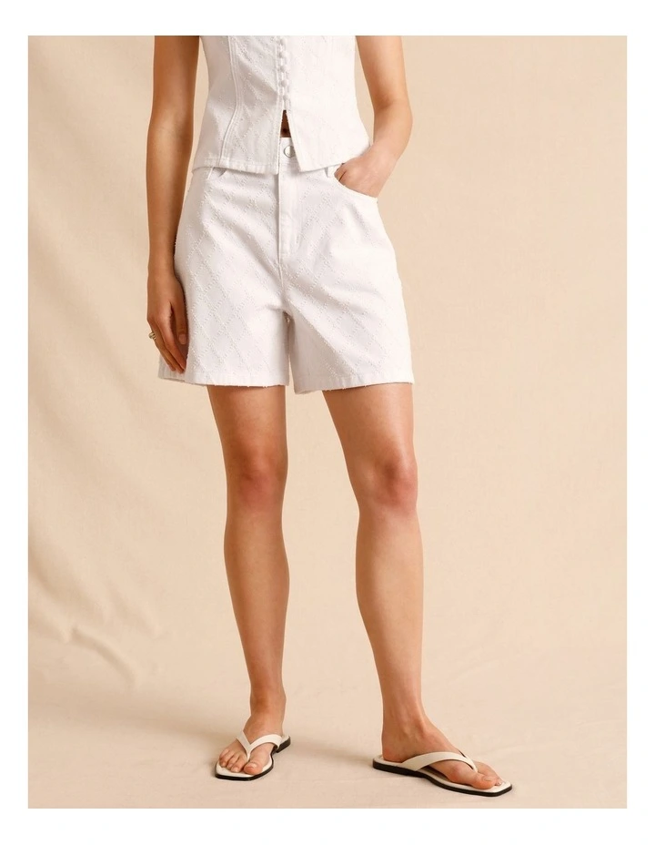 Textured Denim Shorts in White image 3
