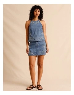 Reycled Cotton Blend Corded Denim Skirt in Mid Blues