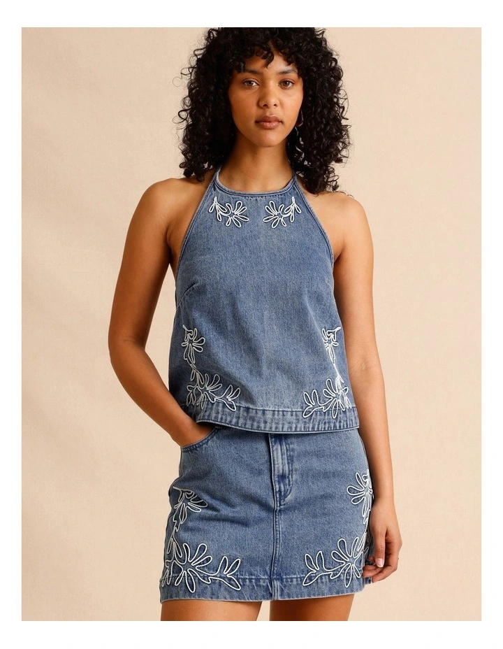 Reycled Cotton Blend Corded Denim Skirt in Mid Blues image 3