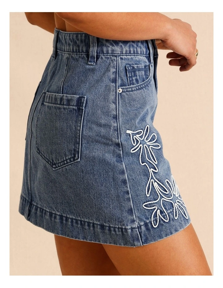 Reycled Cotton Blend Corded Denim Skirt in Mid Blues image 6