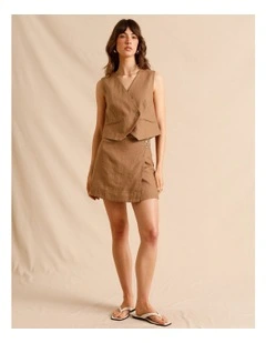 European Linen Asymmetric Button Skirt in Light Brown