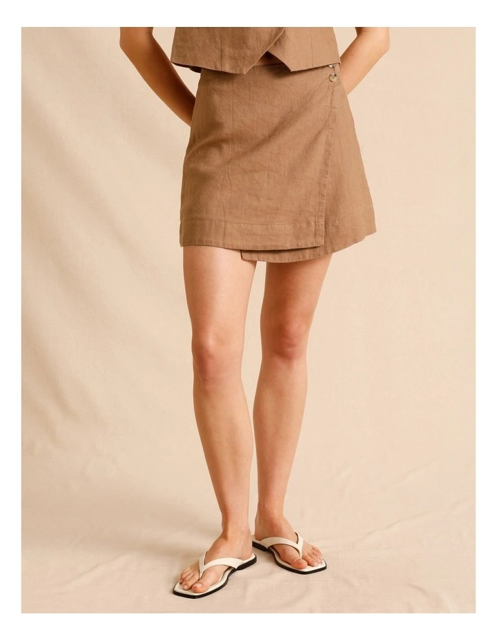 European Linen Asymmetric Button Skirt in Light Brown image 2