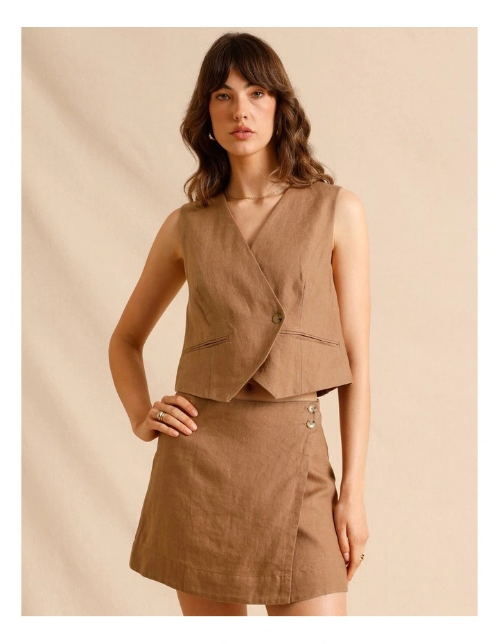 European Linen Asymmetric Button Skirt in Light Brown image 3