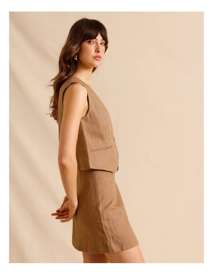 European Linen Asymmetric Button Skirt in Light Brown image 4