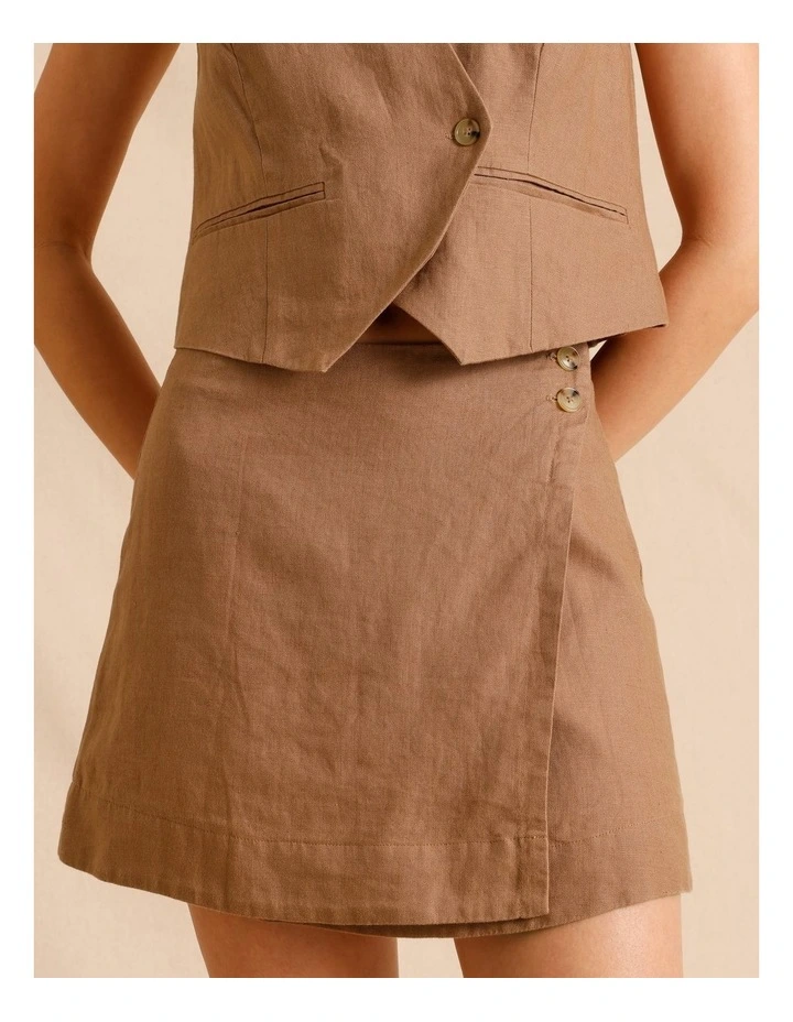 European Linen Asymmetric Button Skirt in Light Brown image 5