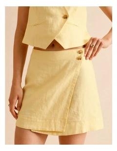 European Linen Asymmetric Button Skirt in Lemon